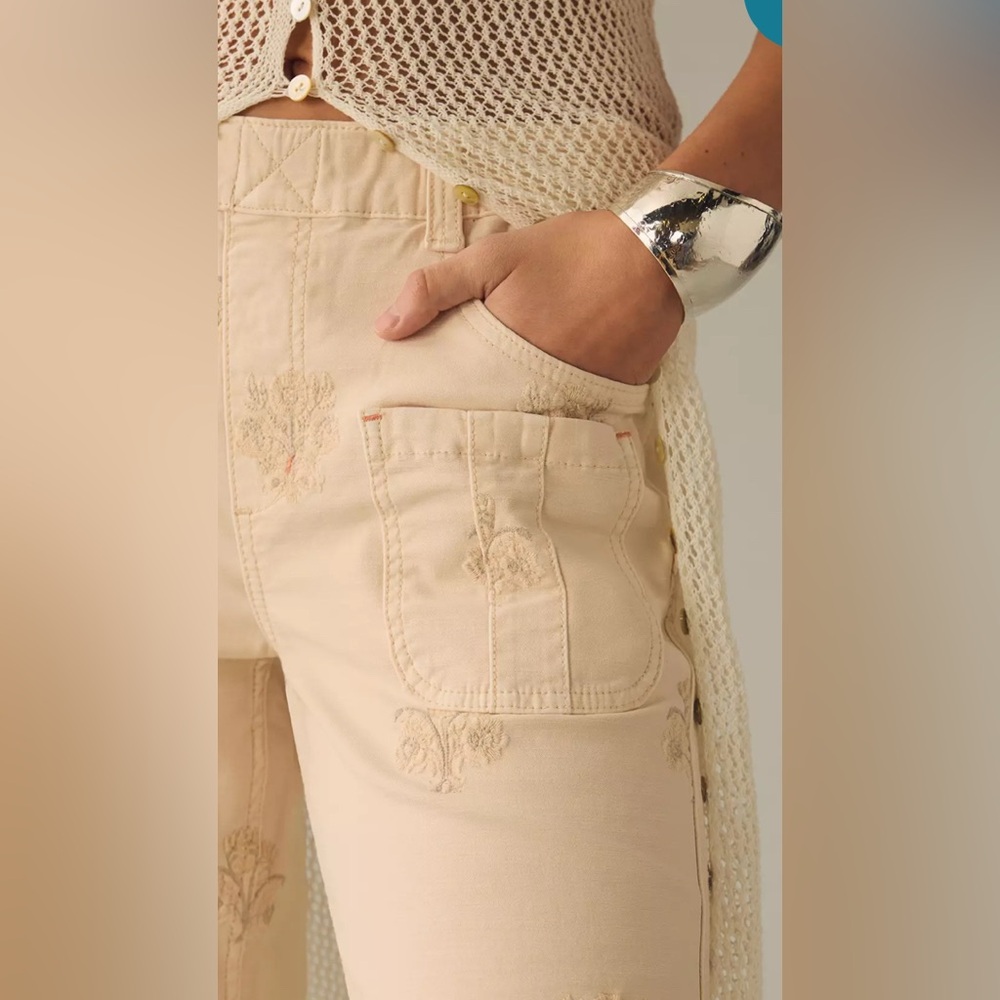 Pilcro Anthropologie ivory pull on pants floral S wide leg high waist jeans - Picture 4 of 11